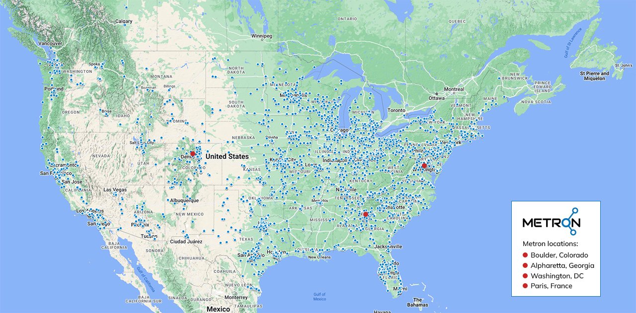 Map of USA showing Metron's locations and installed meters