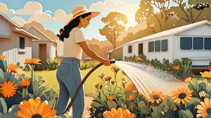 a woman watering flowers in a mobile home park